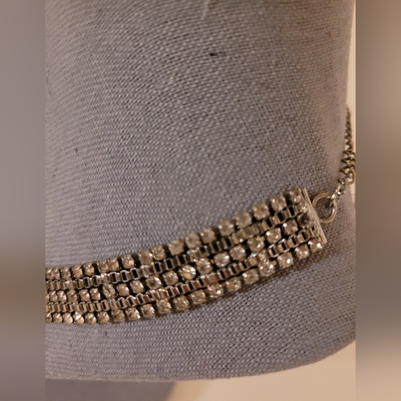 Vintage Three Clear Rhinestone Line Silver Necklace - Picture 2 of 7